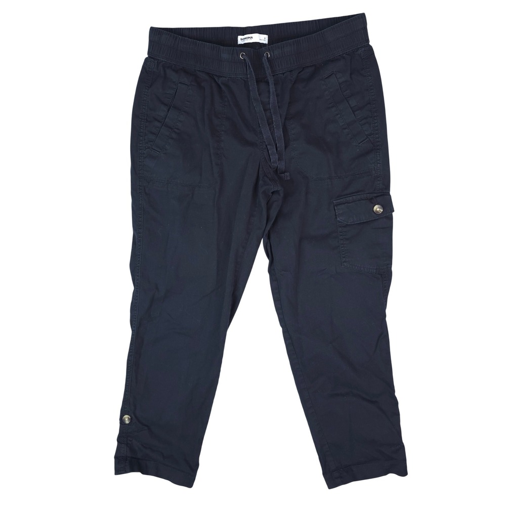 Sonoma Cargo Pants Women 6 Black Elastic Waist Roll Tab Utility Stretch Casual